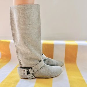 Heather grey cotton knit jersey slipper tall boots booties with straps. Size 9.